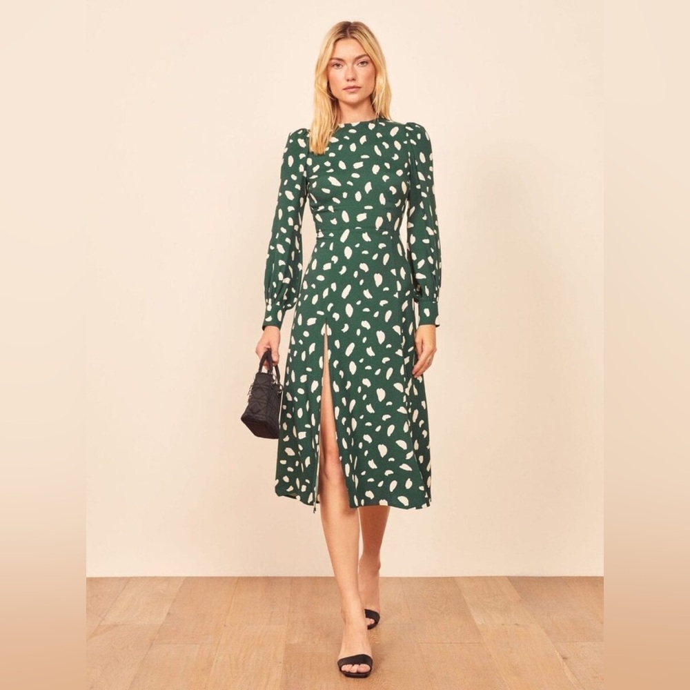 Reformation Creed Green Sheath Dress with Bishop Sleeves and Slit